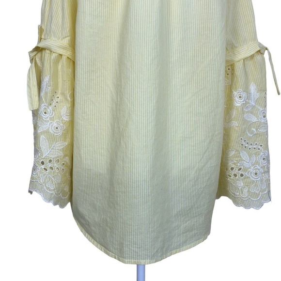 Fever Boho Peasant Blouse with Embroidered Bell Sleeves Yellow White Striped L - Picture 8 of 15